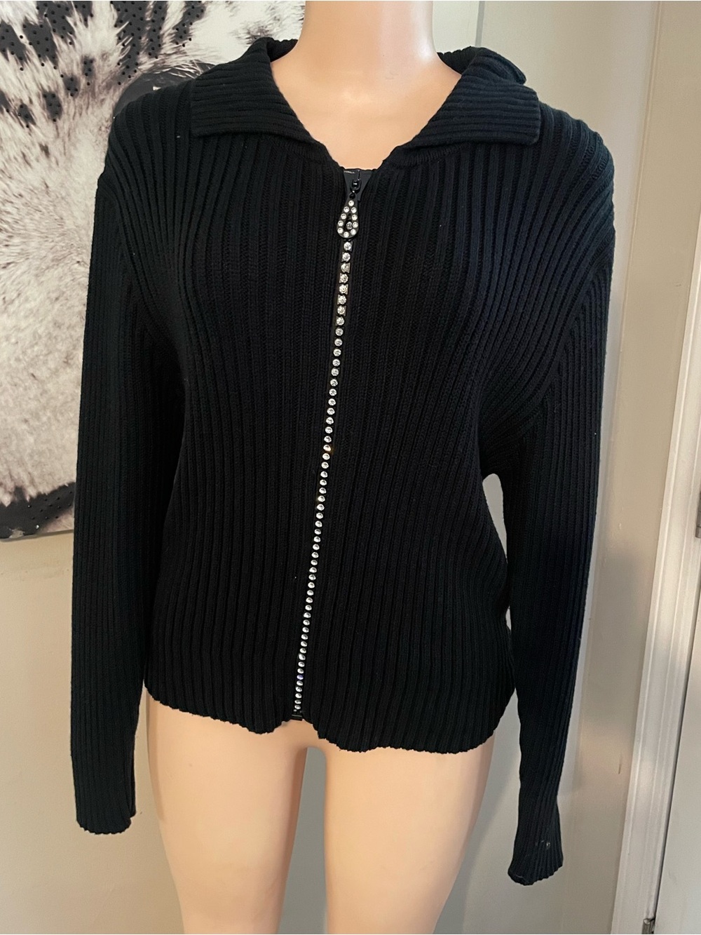 Nancy knits vintage black ribbed cardigan sweater 80s 90s rhinestone zip Med Y2K